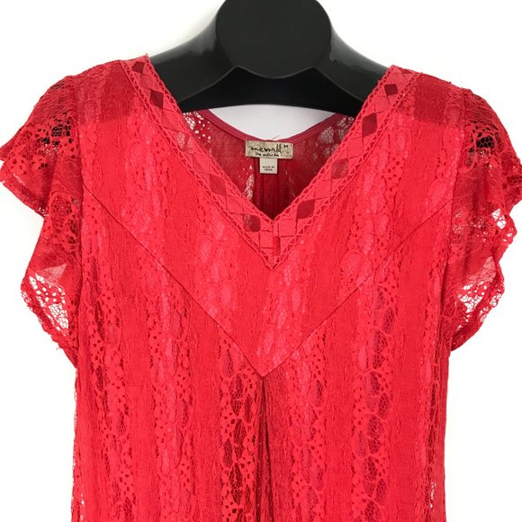 One World V-Neck Asymmetrical Dress Women's Medium Red Pink Lace Lined Stretch - Picture 4 of 12